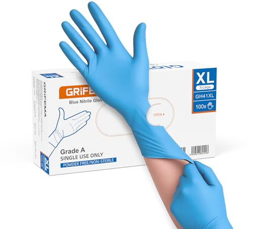 GRIFEMA Guantes de Nitrilo Azules XL, Desechables resistentes, sin polvo y sin látex, Para laboratorio, alimentos, limpieza, Caja de 100