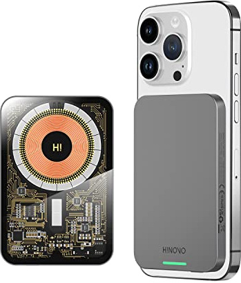 HINOVO Mag-safe Power Bank, 0.35 Ultra Slim Magnetic Power Bank 5000mAh, Cyberpunk Style Transparent Battery Pack for iPhone 16/15/14/13/12 Series