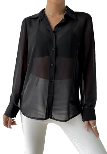 GORGLITTER Women's Sheer Chiffon Shirts Button Down Long Sleeve Collared Long Loose Casual Blouses Top Black X-Large