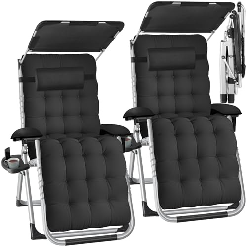 tectake® Silla Tumbona Plegable para Playa y Jardín, Cojín Cabezal, Estructura de Acero, Mesa Auxiliar, Camping, Incluye Parasol y Bolsillo, Silla Exterior Terraza - 2 Tumbonas Negro