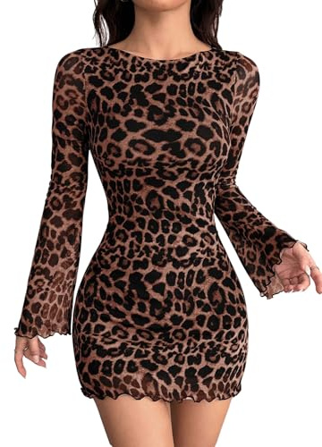 SweatyRocks Y2K Robe à manches longues pour femme - Mini robe léopard en maille - Robe à manches longues - Robe moulante avec manches clochettes, Léopard, M