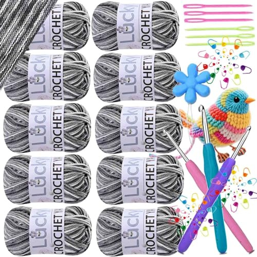 Fil à Tricoter 500 g (10 x 50 g), Multicolore Dégradé, Fil à Tricoter Acrylique Coloré Pour Chaussettes au Crochet, Echarpes, Mitaines, Pulls et Travaux Manuels Pour Enfants (Ombre gris)
