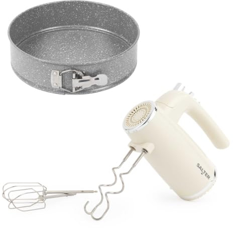 Salter Retro Hand Mixer & Marblestone Cake Tin – 400W Cream Electric Whisk with 5 Speeds + Turbo, XL Chrome Beater & Dough Hook, 24cm Non-Stick Springform Baking Pan, PFOA-Free Carbon Steel