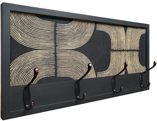 Perchero de Pared de Madera | 52×25 cm | Hecho en España | 4 Ganchos Dobles (8 Colgadores) para Ropa y Abrigos | Diseño Decorativo Funcional | Colgador Entrada, Salón, Oficina (Mid-century Negro)