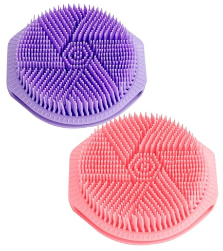 IWOWHERO Lot de 2 Brosses de Double Face en Silicone pour Femmes et Hommes Exfoliant Corporel Doux Brosse Ergonomique Dos Nettoyage Quotidien Peau Sensible Couleurs Rose et Violet