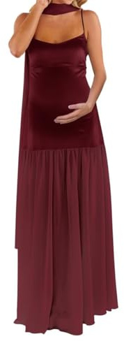 AHERKLL Spagettiremmar rock moderskapsklänning för fotografering med halsduk satin underkläder baby shower graviditetsklänning HAH066, Vinröd, 38