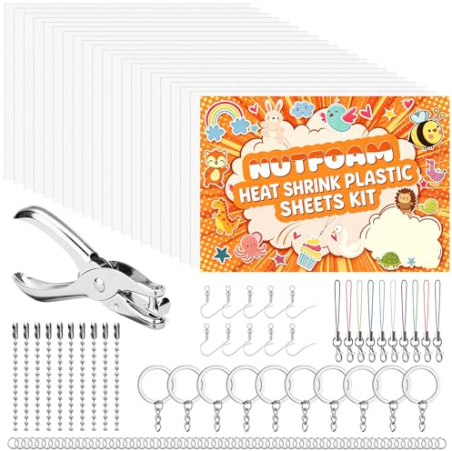 Nutfoam 161 PCS Shrinky Plastic Sheets Kit, 20 PCS Heat Shrink Art Dink Paper with 141 PCS Shrinkles Keychains Making Accessories, Shrink Paper Keychain Kit for Kids Craft and Art Supplies DIY