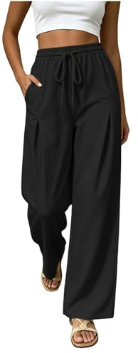 Yolimok Women's Wide Leg Linen Trousers Elasticated High Waisted Cotton Linen Flowy Palazzo Summer Lounge Breathable Yoga Pants Beach Trendy Travel Holiday Vacation Bottom Fall Sweatpants