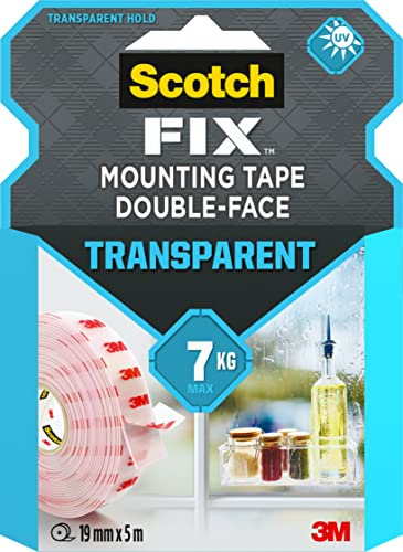 Scotch-Fix cinta adhesiva de doble cara transparente, 19 mm x 5 m - Cinta de montaje permanente para usar en interiores, en vidrio, azulejos, acrílico y metal