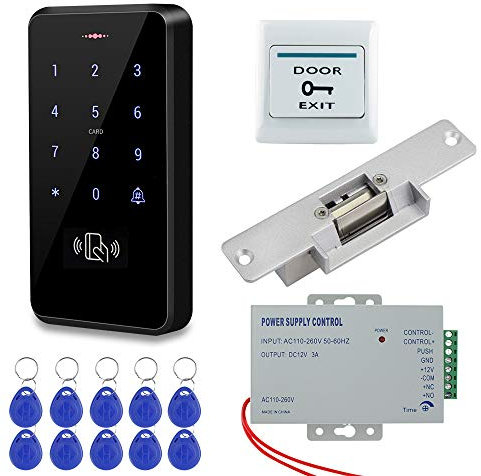 HFeng RFID-Zugangskontrollsystem-Kit IP68 Wasserdichte Outdoor Access Control Keypad + NC Elektronisches Streikschloss + DC12V-Netzteil + 10 Stück 125-kHz-EM4100 Keychains Karten