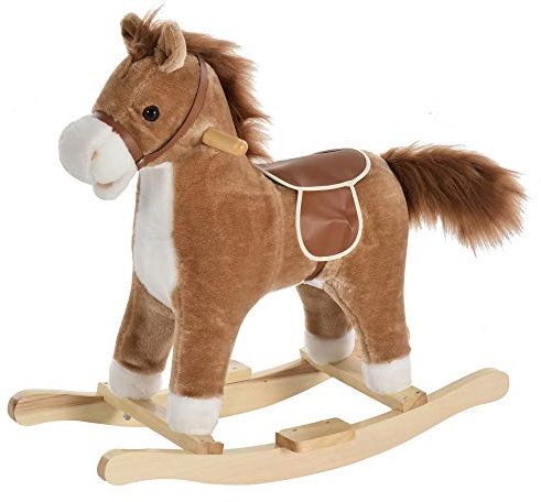 HOMCOM Caballo Balancín para Bebé Mayores de 36 Meses Juguete Balancín de Felpa Suave con Música Relinchos Sonidos de Galope Boca y Cola Móviles 65x32,5x61 cm Marrón