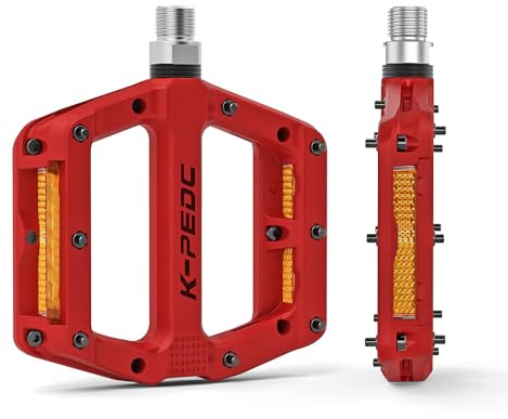 K PEDC Bike Pedals with Reflective Strips,Universal 9/16 Inch Mountain Bike Pedals,3 Bearing Non-Slip Lightweight Nylon Fiber Bicycle Platform Pedals for BMX MTB (Red)