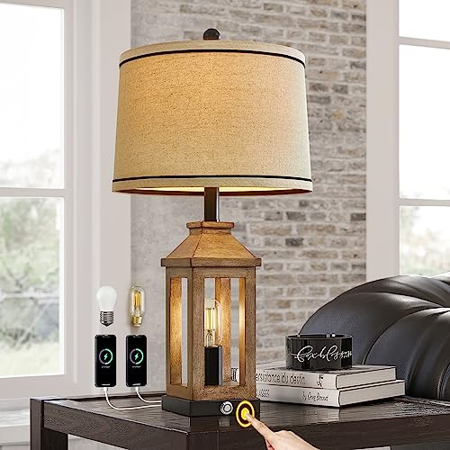 G-SAFAVA 23.75 Farmhouse Table Lamps USB A+C Charging Ports 3-Way Dimmable Touch Control Lamp Nightlight Vintage Modern Lamp for Living Room Bedroom with 2 Light Sources