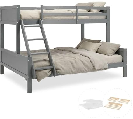 Homestyle4u Kinderbett Etagenbett 90x200 und 140x200 mit 2 Matratzen Hochbett Grau Holz Doppelstockbett | Artikel 2725