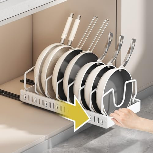 KEXIBO Topfdeckelhalter, Ausziehbare Topfdeckel Organizer mit 8 Verstellbaren Fächern, pfannen organizer schublade, Deckelhalter Küch, 1 Stück Weiß