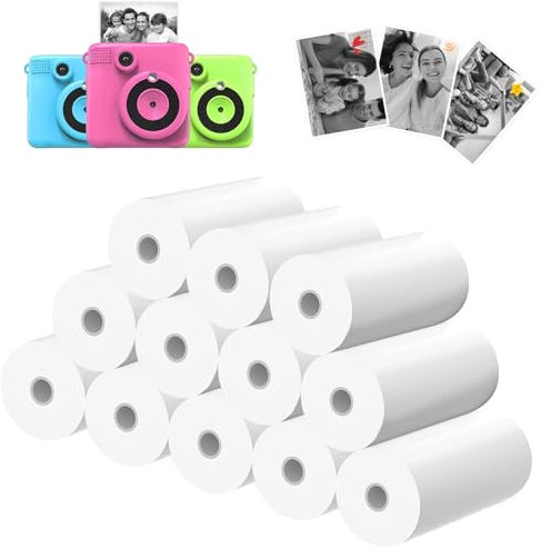 12 Rollen Thermopapier 57mm Thermopapier Kinderkamera, Thermopapier Thermorollen Tragbar Mini Drucker Papier Kompatibel mit Mini-Kameras für Fotos, Etiketten, Notizen und Memos