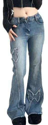 FDKLOOK Womens Flare Jeans Y2k Low Rise Butterfly Vintage Bell Bottom | Patchwork Butterfly,Slim Fit,Distressed Tassels,Grunge Jeans,Y2k Clothes,Embroidery Denim,2000s Clothes Emo Jeans