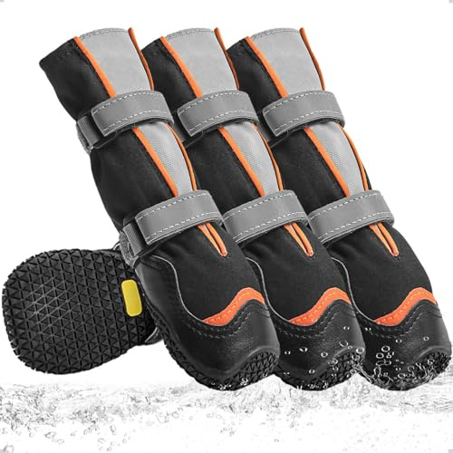 Ohcozzy Lot de 4 chaussures hautes pour chien imperméables avec languette en forme de V pour un enfilage facile, semelle en caoutchouc résistante à l'usure, protection des pattes de chiens pour chiens