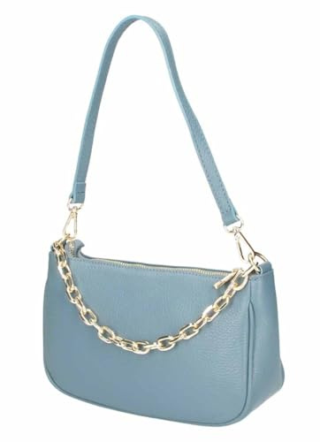 Made in Italy Damen Leder Tasche Pochette mit Kette Schultertasche Handtasche City Bag Umhängetasche Clutch Ledertasche Bodybag Schmucktasche Crossbody Cross-Over Jeansblau