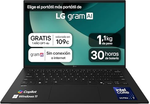 LG gram 14Z90T-G.AD8BB Ordenador Portátil 14 Pulgadas Intel Core Ultra7 255H, 32 GB RAM, 2TB SSD, Panel IPS Antirreflejo, WUXGA, 1.120 g, 30 Horas, Windows 11 Home, Negro, Teclado QWERTY Español