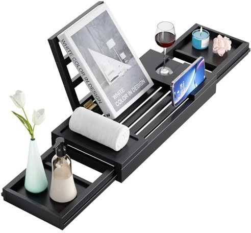 Yirilan Plateau de baignoire extensible en bambou pour 1 ou 2 personnes | Étagère de baignoire de luxe en bois, extensible, évolutive, noire