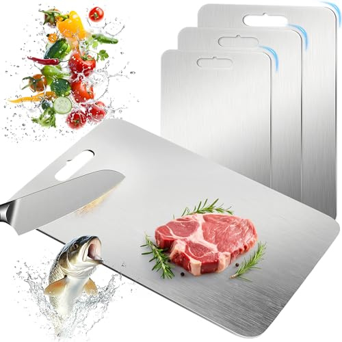 3PCS Titanium Cutting Board, BOYUNSHI Stainless Steel Chopping Boards for Kitchen Non Stick Food Grade Double-Sided Cutting Board Ideal for Meat, Vegetables, Easy to Clean