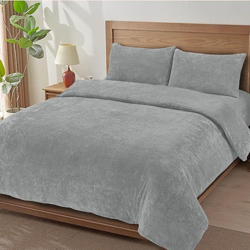 MH Traders Soft Teddy Fleece Duvet Cover Breathable, Comfortable & Durable Bedding Cover Cosy, Easy-Care Terry Duvet Cover for Everyday Use (Silver, Double)