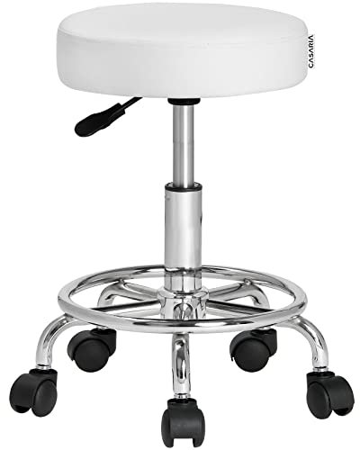 Casaria® Rollhocker mit Rollen Höhenverstellbar Weiß 10cm Polsterung 51-65cm Sitzhöhe 360° Drehbar Ø35cm Rund Ergonomisch Büro Hocker Drehhocker Arbeitshocker
