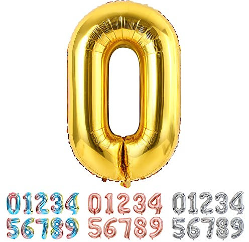 Ponmoo Foil Ballons Chiffre 0 Or, Grands Doré Ballon Numéro 0 1 2 3 4 5 7 8 10-19 20-29 30-39 40 50 60 70 80 90 100, Décoration pour Mariages Party et Anniversaires Fête