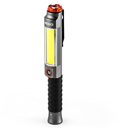 NEBO Big Larry 3 Work Light | Alkaline Batteries Included, 600 Lumens, 7 Light Modes, Magnetic COB Task Lamp & LED Flashlight, Steel Pocket Clip, Hands-Free Use, Water Resistant