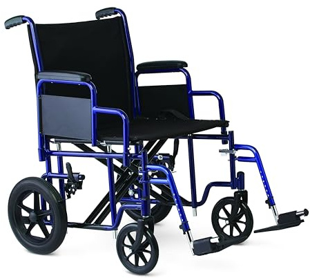 Medline Heavy Duty Transport Chair supports up to 500 lbs., Bariatric Transport Wheelchair, 22 x 18 seat, Blue Frame
