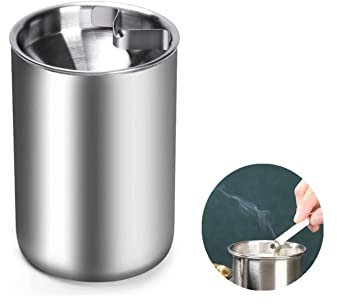 Moderno Posacenere in Acciaio Inox, Posacenere per Esterno Antivento, Portacenere da Tavolo con Coperchio, per Balcone Giardino Bar Casa e Ufficio