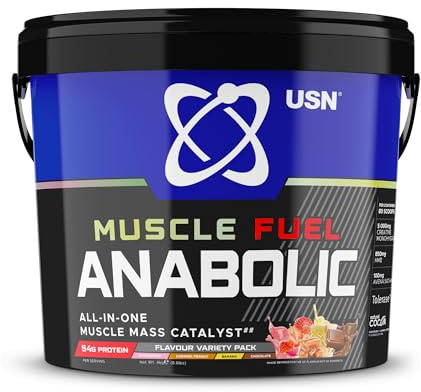 USN Muscle Fuel Anabolic Variety (Chocolate, Strawberry, Banana, Caramel Peanut) All-in-one Protein (4kg): Workout-Boosting, Protein Powder for Muscle Gain - New Formula