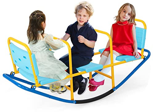 DREAMADE Balançoire à Bascule en Métal pour Enfant 3-8 Ans, Bascule avec 3 Siège, Trébuchet avec Poignées & Dossiers, pour Intérieur & Extérieur, Salon et Cours (Balançoire 3 Places)