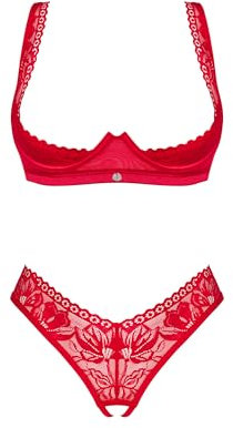 Selente Love & Fun verführerisches Damen Unterwäsche-Set aus BH, Slip & exklusiver Satin-Augenbinde, Made in EU (M-L, Rot-Hebe-BH-Ouvert)