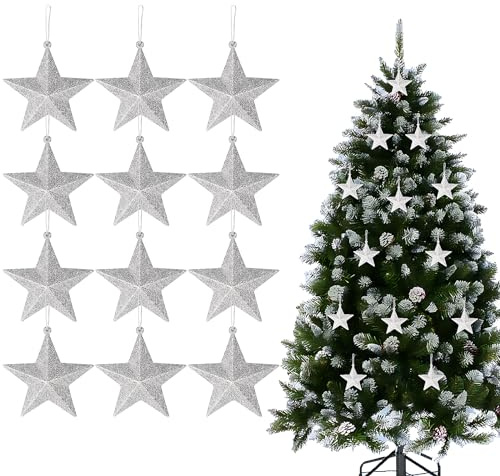 12Pz Ciondoli Natalizi Pendenti Albero di Natale Ciondoli Stelle Glitterate Decorative Stelle per Albero di Natale Decorazioni Natalizie da Appendere Ornamenti Natalizi Accessori Fai da Te (Argento)