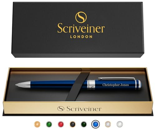 Scriveiner Personalised Pen Midnight Blue - Stunning Blue Lacquer Luxury Pen, Chrome Finish, Schmidt Ink Refill, Best Engraved Ball Point Gift Set for Men & Women, Custom Name Engraving