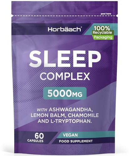 Sleeping Tablets with Ashwagandha KSM-66 | 5000mg Complex for Adults with Lemon Balm, Chamomile and L-Tryptophan | 60 Vegan Capsules | Night Time Complex for Men & Women | by Horbaach