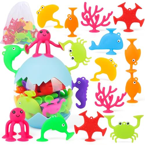 Jouets Ventouse Bebe, Silicone Jeu de Bain Ventouse 3 Ans, 24 Pièces Sucker Toys avec œufs de Dinosaure, Éducation Cadeau pour Garçons Filles de 3 4 5 Ans