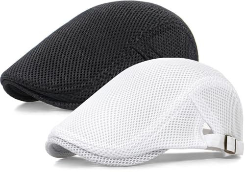 Taidor 2 Pack Men's Mesh Cap Breathable Summer Newsboy Hat Adjustable Beret Ivy Cap Irish Cabbie Driving Hunting Hats Black/White