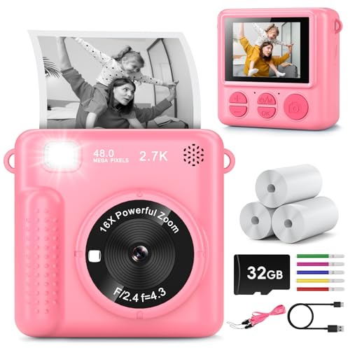 GREENKINDER Kids Camera Instant Print, Christmas Birthday Gifts for Girls Boys Age 3-12，HD Selfie Kids Digital Camera, Portable Travel Toy for 3 4 5 6 7 8 9 10 Year Old Girls (Pink)