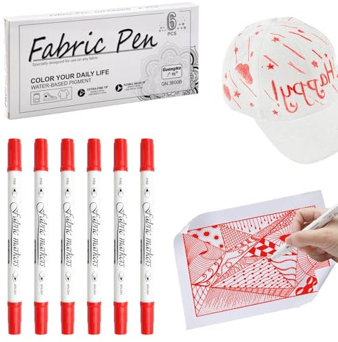 HENGBIRD 6 Stück Textilstifte Waschmaschinenfest, Dual-Tip-Stoffmarker Permanent, 1-5mm Stoff stifte waschfest Textilmarker, Ungiftige Stoffmalstifte zum Personalisieren von Hemden Taschen (Rot)