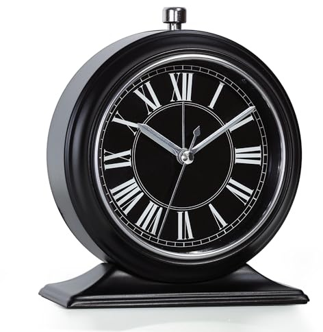AYRELY® Petit réveil analogique de 10,2 cm – Horloge de bureau vintage silencieuse à piles avec veilleuse – Horloge de table en métal pour la maison, la chambre à coucher, l'étagère (noir romain)