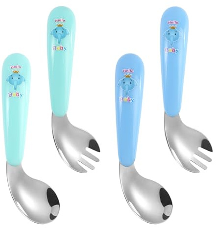 Ensembles de Couverts Enfant, 4 Pièces Couvert Bebe Apprentissage, Fourchettes et Cuillère Courbée pour Enfant, Facile à Tenir, Couvert Enfant Inox sans BPA avec Mignon Motif d'Éléphant