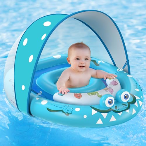 Flotador Bebe con Sombrilla UPF50+ | Boia Bebe con Asiento de Seguridad Ajustable para Bebés de 3 a 36 Meses | Sombrilla de Protección Solar + Juguetes (Azul)