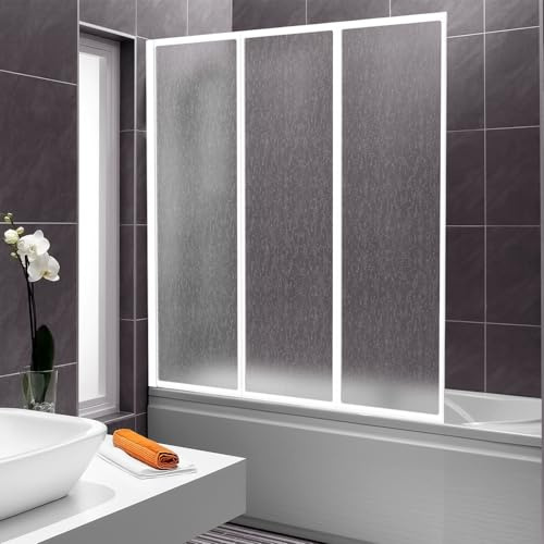 Vkechh Paroi de douche pour baignoire 120 x 140 cm, pliable en 3 parties, en plastique PS incassable, paroi de douche avec cadre en aluminium blanc, embout de baignoire avec structure en forme de