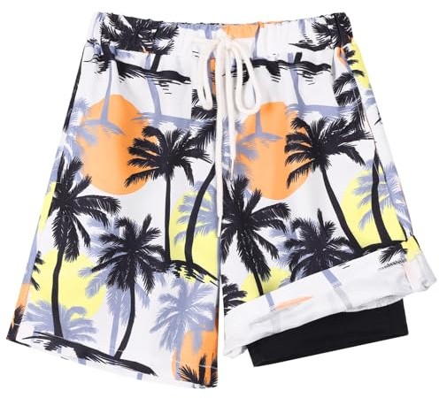Hotfiary Boys Swimming Shorts with Compression Liner, Kids 2 in 1 Anti Chafe Swim Shorts & Trunks with Pockets UV Protection Quick Dry Board Shorts for Beach Pool Holiday Vacation Teens 6-16 Years