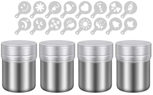 Abiyou 4PCS Agitatore per Zucchero a Velo con Coperchio, Spargi Cacao in Polvere con 16 Stencil, Spargi Zucchero a Velo, Spargizucchero in Acciaio Inox, per Torte, Decorazioni, Biscotti