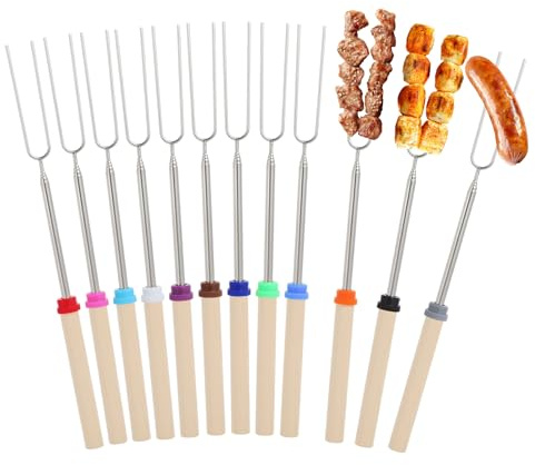 12 pinchos telescópicos para barbacoa de acero inoxidable, 30 – 81 cm, pinchos telescópicos de malvavisco, 12 colores, brochetas para barbacoa, brochetas para hoguera, brochetas largas para asar para