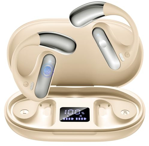 Paekole Auriculares Inalámbricos Bluetooth 5.4 Open Ear, 80H Cascos Deportivos 2026 con Pantalla LED, Gancho Flexible No Intraural, IPX7 Impermeable, Cancelación de Ruido ENC (Caqui)